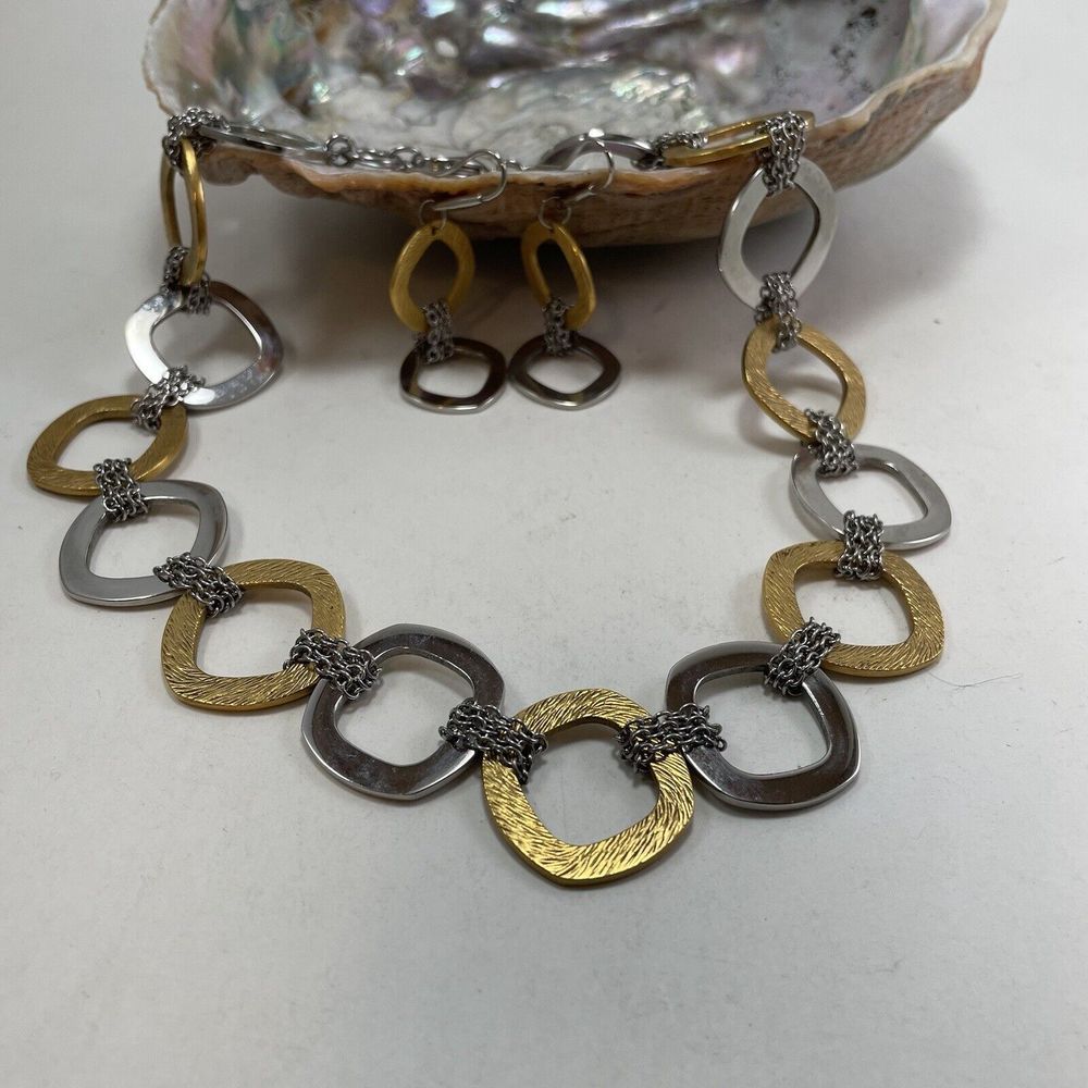 QVC Steel By Design Two Tone 28” Necklace & 8” Bracelet Earrings Rounded Square - Picture 6 of 16